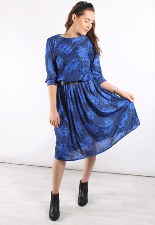 VINTAGE 80S PLISSE MIDI DRESS IN BLUE FLORAL JACQUARD