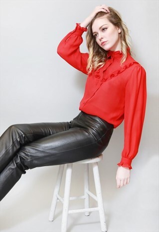 VINTAGE 1980'S CHERRY RED RUFFLED BLOUSE