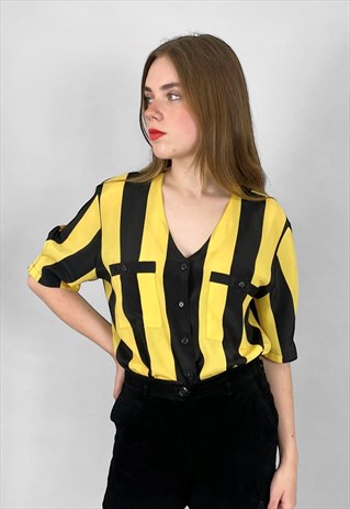 80's Vintage Yellow Black Short Sleeve Tapered Blouse