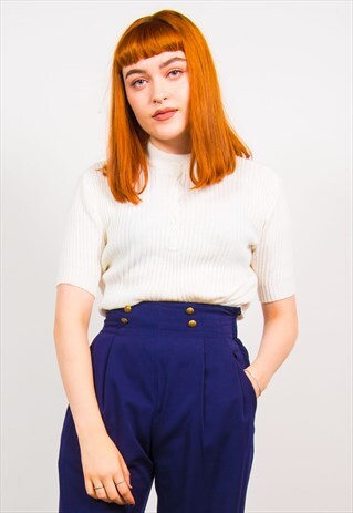 VINTAGE 70'S WHITE HIGH NECK KNIT RIBBED TOP