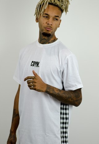 WHITE EMBROIDERED OVERSIZE T-SHIRT WITH GINGHAM SIDE PANEL
