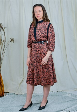 RETRO DRESS VINTAGE 70S/80S MAROON FLORAL BOHO 3/4 SLEEVE L