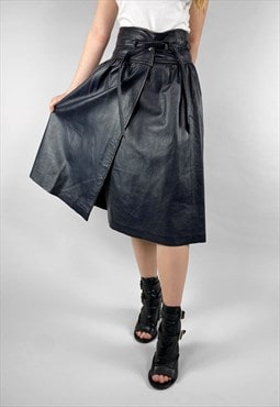 Vintage Ladies Blue Leather 80's Wrap Midi Skirt