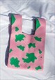 Pink and Green Cow Print Mini Knit Shopper Tote Knot Bag