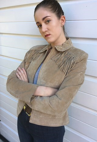 WOMENS VINTAGE BEIGE SUEDE WESTERN JACKET TASSEL COAT