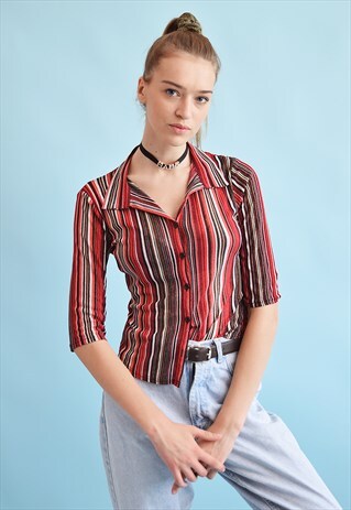 90'S RETRO STRIPED SHEER SHIRT BLOUSE TOP