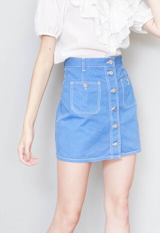 VINTAGE 1990'S TIME ZONE BLUE DENIM MINI BUTTON FRONT SKIRT