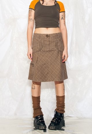 Vintage Y2K Cargo Skirt in Plaid Brown Cotton