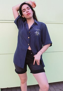 Navy Blue Oversized Fit Short Sleeve Shirt with Gold Buttons
