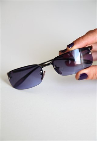 VINTAGE DARK CHROME HALF RIMLESS FRAME, BLUE-GREY LENSES