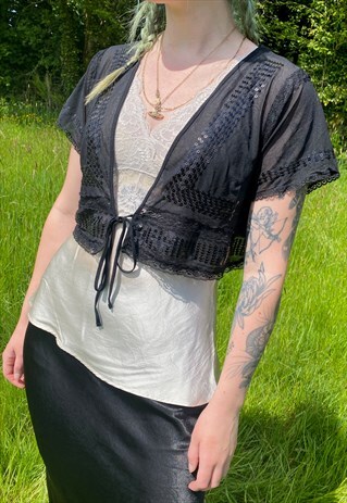 Vintage 90s Sheer Mesh Short Sleeve Tie Front Bolero Top