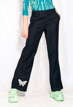Vintage Flare Trousers 90s Reworked Butterfly Wool Pants
