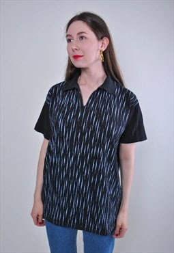 Women vintage black abstract print striped retro polo shirt
