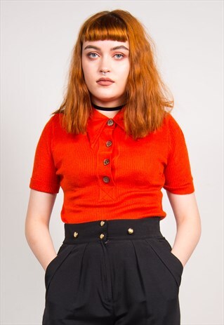 VINTAGE 70'S ORANGE KNIT RIBBED SHIRT TOP