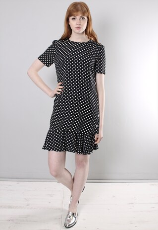 VINTAGE 60S BLACK POLKA DOT PATTERNED SHIFT DRESS