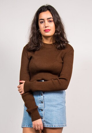 VINTAGE 90'S BROWN KNIT RIBBED TOP JUMPER
