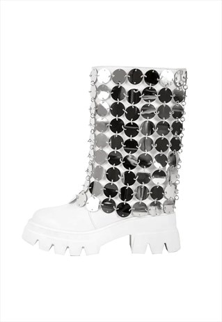 Silver Sequins Platform White Mid-calf Boots