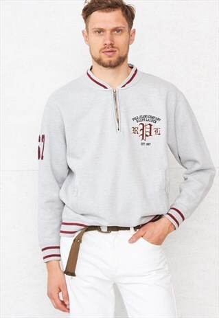 VINTAGE LIGHT GREY RALPH LAUREN 1/4 ZIP PULLOVER SWEATSHIRT