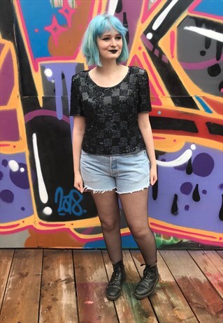 VINTAGE CHEQUERED BLACK SEQUIN CROP TOP - SIZE14