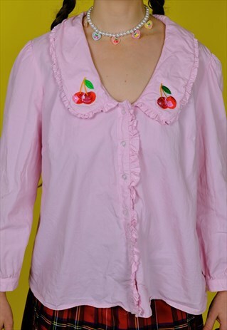 REWORKED CHERRY BLOUSE PINK PETER PAN COLLAR FRILLY CUTE