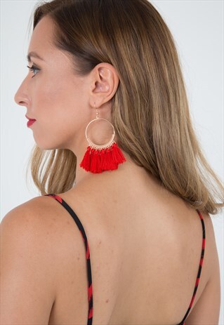 RED HOOP TASSEL EARRINGS