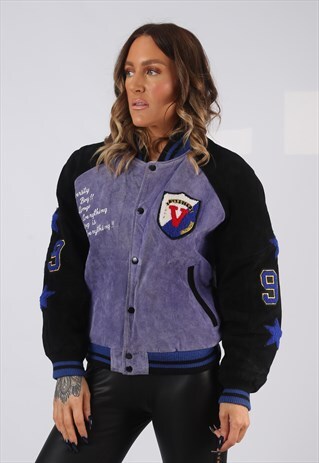 SUEDE LEATHER BOMBER JACKET VARSITY UK 8 - 10 (BV4F)
