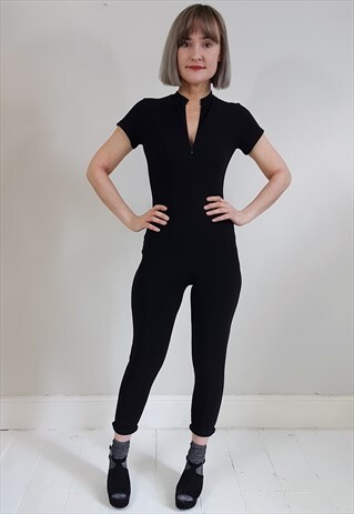 VINTAGE 90'S BLACK ZIP UP CATSUIT JUMPSUIT LEOTARD