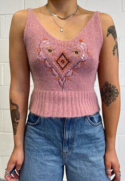 Vintage 90s Y2k Pink Fluffy Knit Embroidered Top