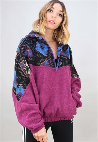 VINTAGE 90S OVERSIZED 1/4 ZIP PATTERNED FLEECE