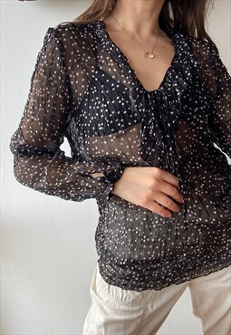 Vintage Y2k 00s Mod polka dot sheer frilled blouse top 