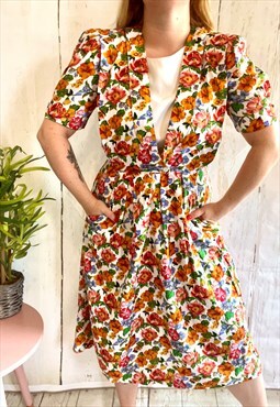 Vintage Bright Floral Shoulder Pads 80's Tea Dress