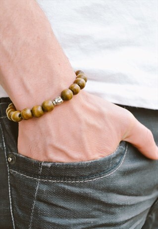 SKULL BRACELET, WOOD BEADS MEN'S BRACELET WITH SILVER SKULL