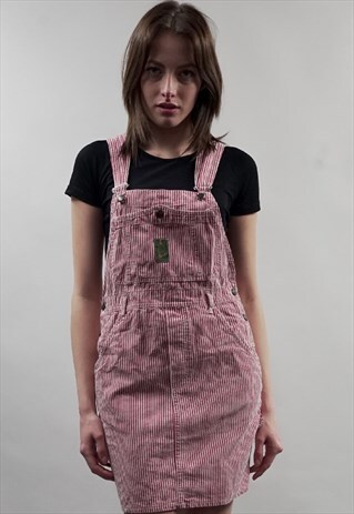 VINTAGE 80'S RED/ WHITE STRIPE DUNGAREE DRESS
