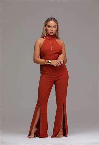 JUMPSUIT IN ORANGE WITH NECK TIE & SLIT AT KNEE