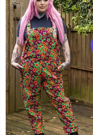 Retro floral style stretch cord dungaree