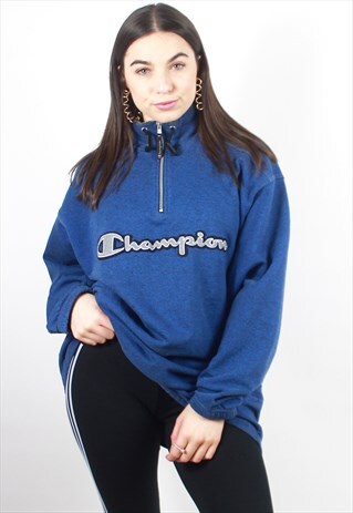 90'S RETRO BLUE OVERSIZED SPELL-OUT 1/4 ZIP SWEATSHIRT