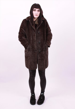 VINTAGE 60'S BROWN FAUX FUR GRANDAD COAT SIZE SMALL GRUNGE