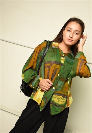 VINTAGE 80S RETRO ABSTRACT PRINT PARIS CHIC SHEER BLOUSE TOP