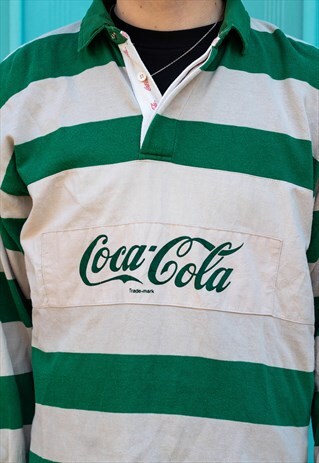 VINTAGE 80S COCA COLA RUGBY SHIRT TOP GREEN TAN STRIPED