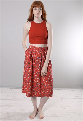 VINTAGE 80S RED FLORAL PATTERNED MIDI SKIRT
