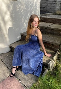 70's Blacky Dress Blue Silver Lurex Evening Dress Small 