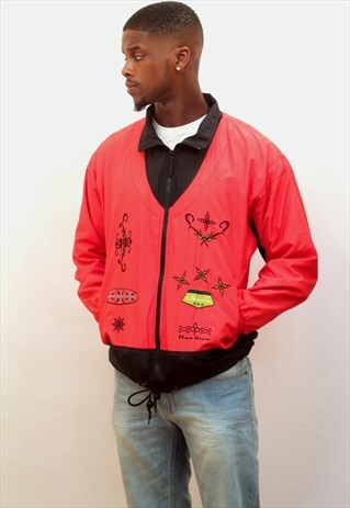 1990'S VINTAGE PATTERNED WINDBREAKER JACKET IN RED