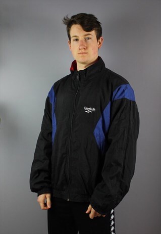 VINTAGE REEBOK WINDBREAKER JACKET BLACK BLUE EMBROIDERED
