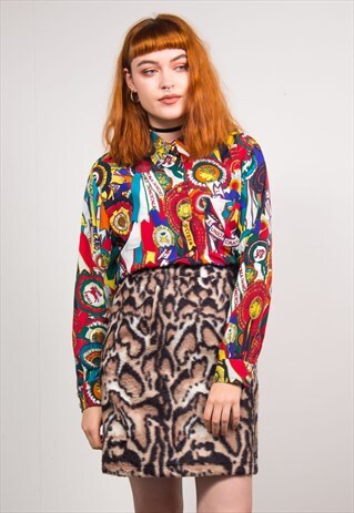 VINTAGE 90'S LEOPARD PRINT FURRY A-LINE HIGH WAIST SKIRT