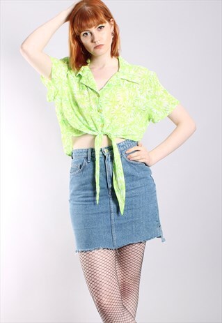 VINTAGE 80S NEON FLORAL DAISY TIE UP SHIRT CROP TOP