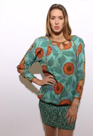 VINTAGE 1980'S 80'S FLORAL PRINT BUBBLE DRESS CUTOUTS S-M