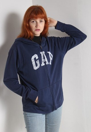 VINTAGE GAP SPELL OUT ZIP UP HOODIE BLUE