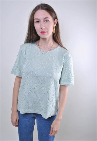 VINTAGE GREEN CASUAL MINIMALIST WOMAN STRIPES TSHIRT