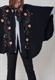 VINTAGE 70S LARGE FLORAL EMBROIDERED KNITWEAR SHAWL IN BLACK