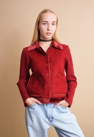 90'S RETRO KITSCH KNIT & FAUX SUEDE SHERPA STYLE CARDIGAN